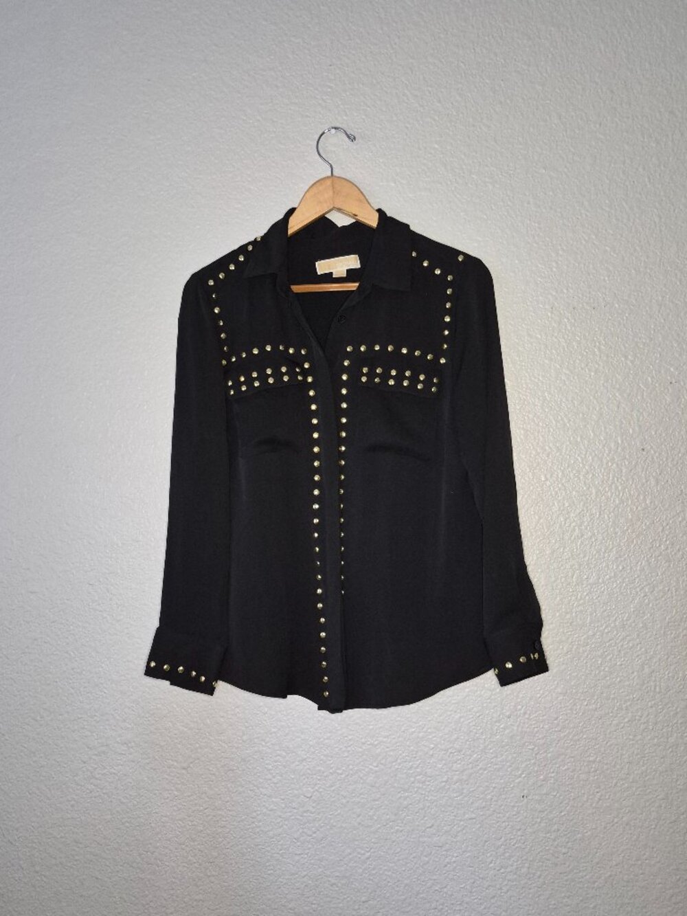 Michael Kors black blouse with brass-colored accent studs Size: Large Women's